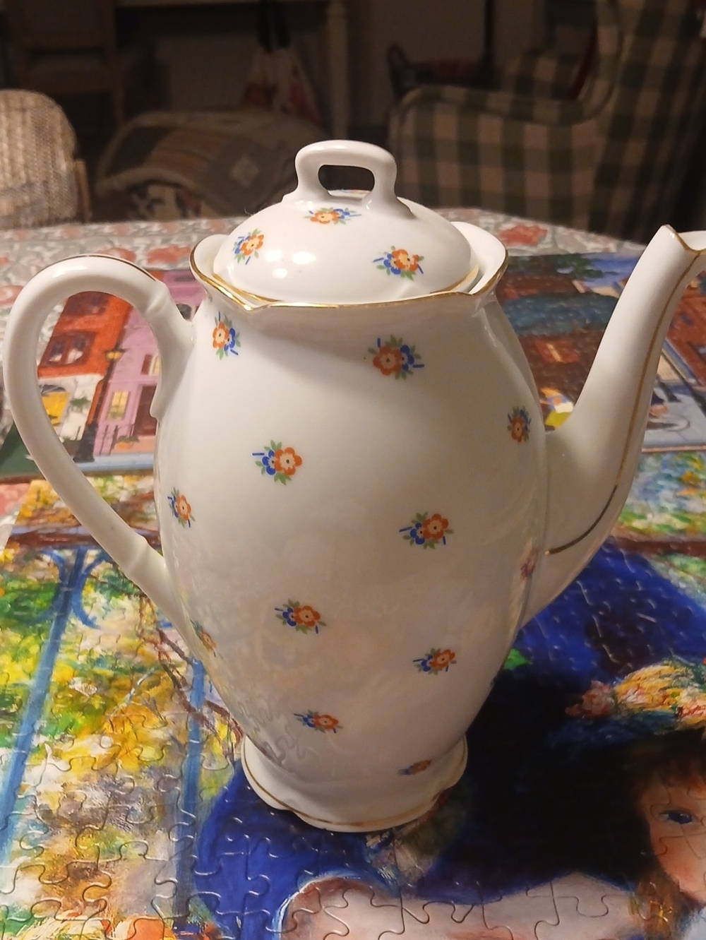 White Floral Porcelain Teapot with Gold Trim - Classic Home Art